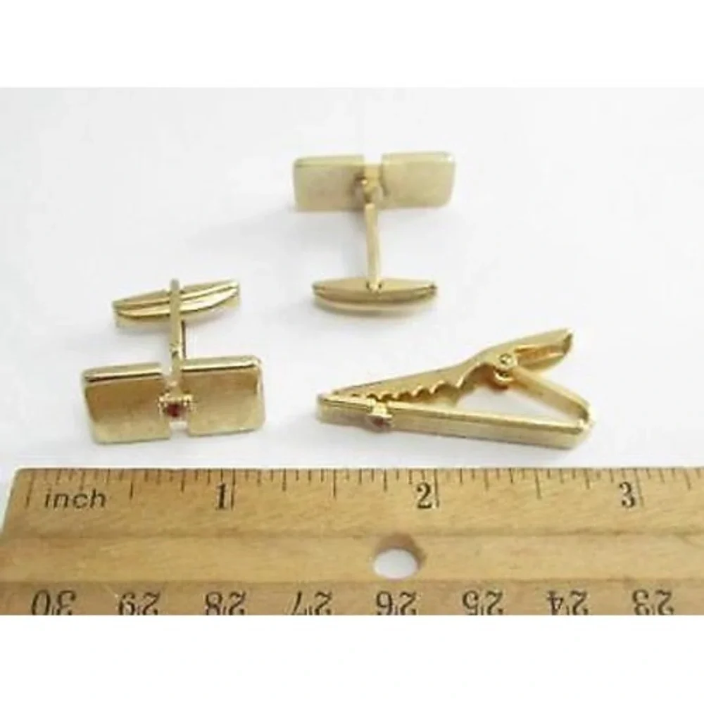 Gold Plated Set of Cufflinks & Tie‎ Clip Clasp With Red Rhinestone Accents